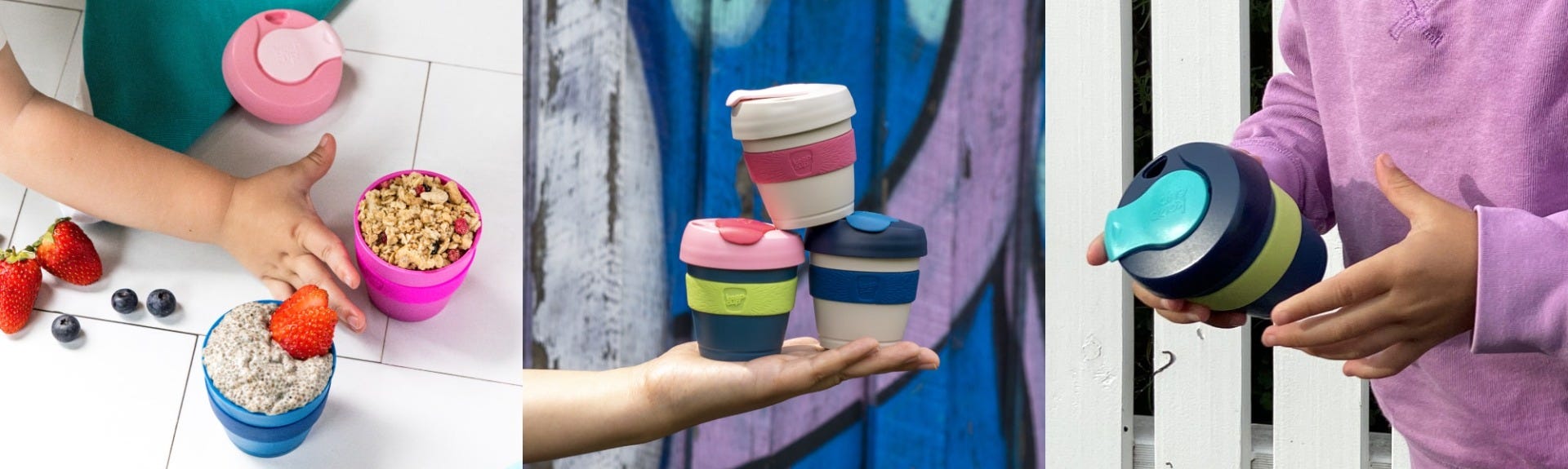 3 images showing KeepCup Original mini 4oz filled with cereal, three Original mini 4oz stacked, and a child holding Original mini 4oz cup