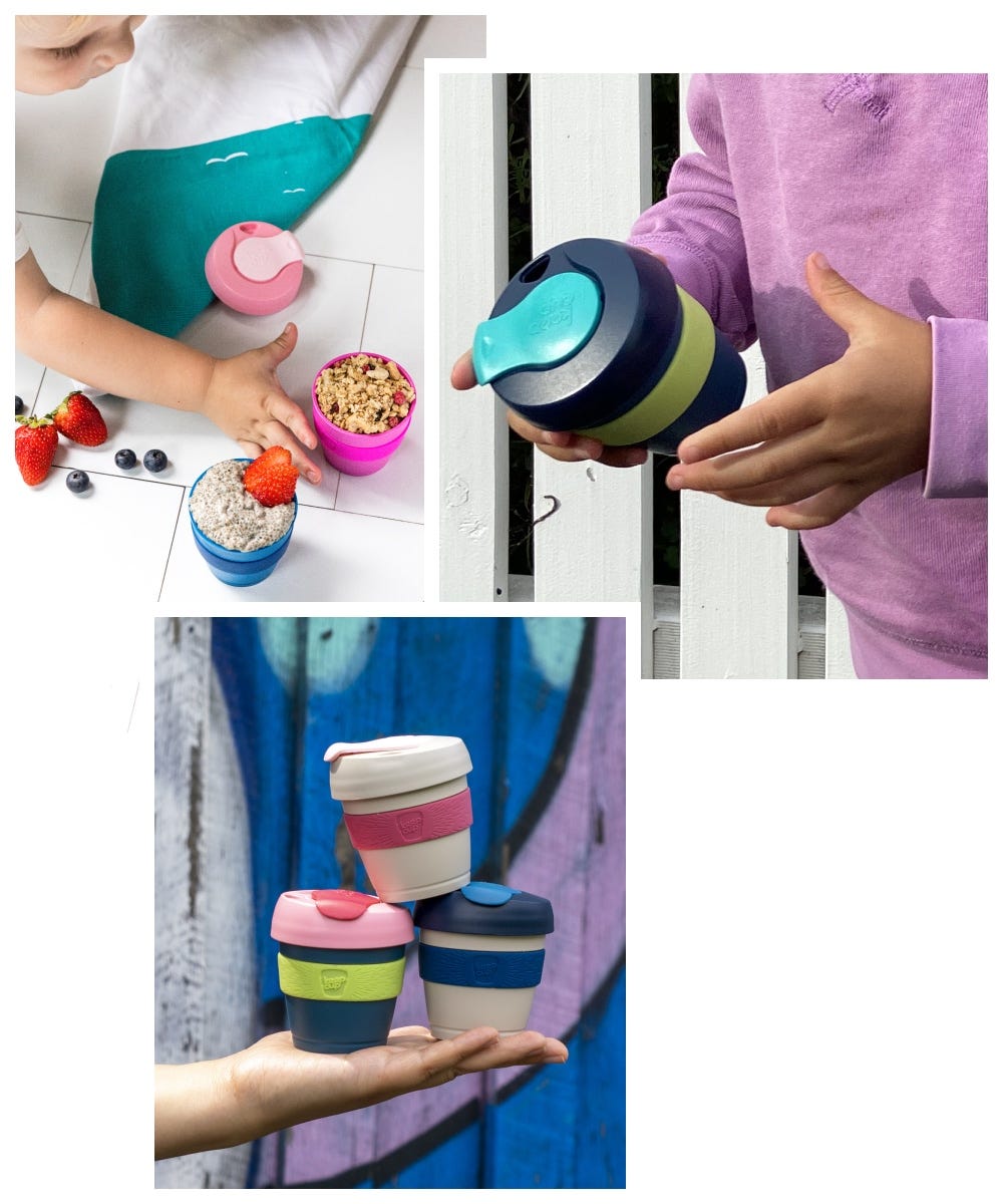3 images showing KeepCup Original mini 4oz filled with cereal, three Original mini 4oz stacked, and a child holding Original mini 4oz cup