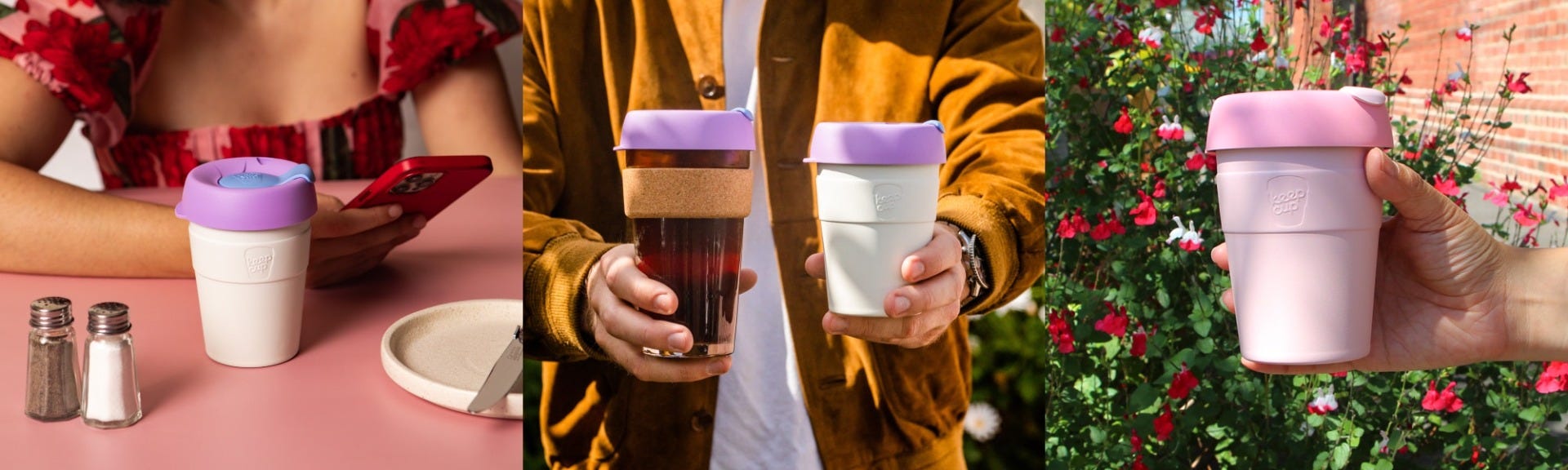 3 images showing a woman having coffee with KeepCup Thermal, a man holding Brew Cork and Thermal cups, and a person holding a KeepCup Thermal cup in front of a garden of flowers