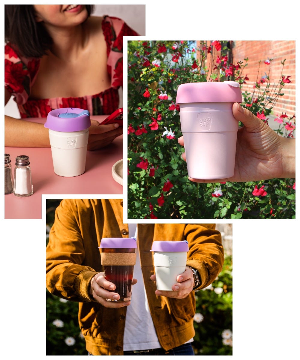 3 images showing a woman having coffee with KeepCup Thermal, a man holding Brew Cork and Thermal cups, and a person holding a KeepCup Thermal cup in front of a garden of flowers