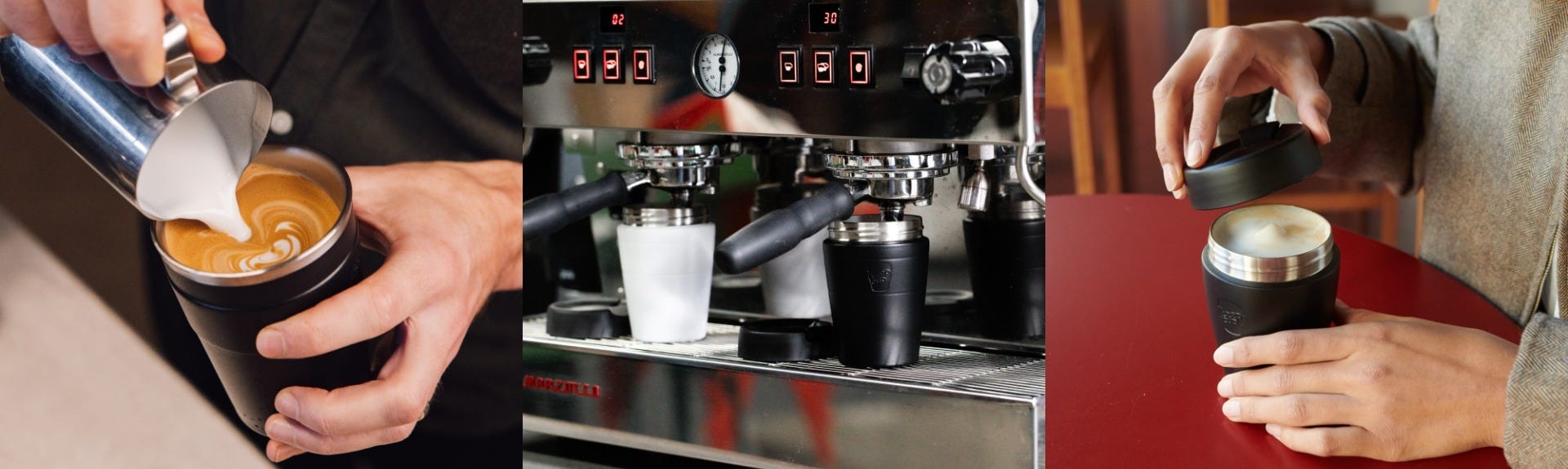 3 images showing a person pouring milk for a coffee with KeepCup Thermal, two Traveller mugs under the grouphead in a coffee machine, and a woman taking the lid off a KeepCup Traveller cup full of coffee