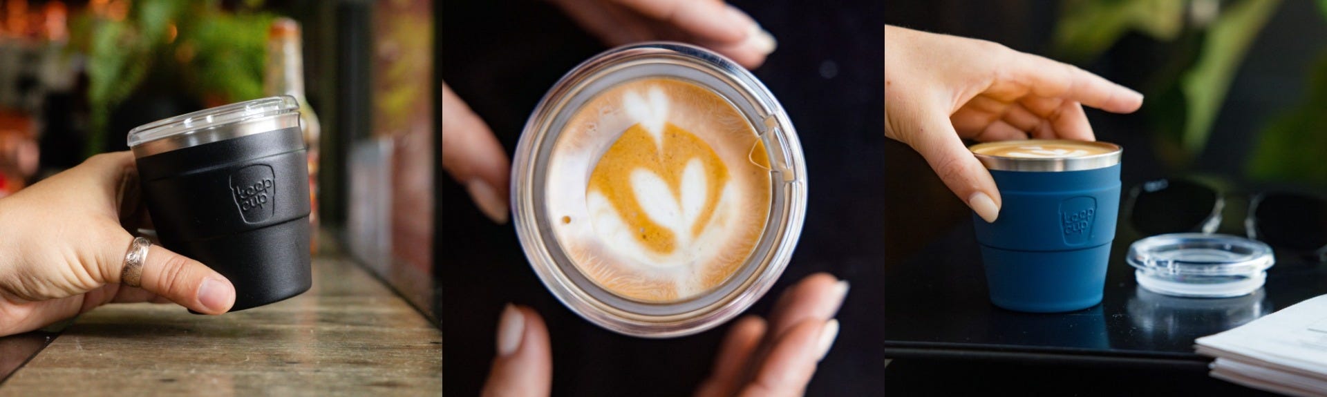 3 images showing KeepCup Thermal Quicksip in hand, Thermal Quicksip lid, and Thermal Quicksip 6oz cup with coffee