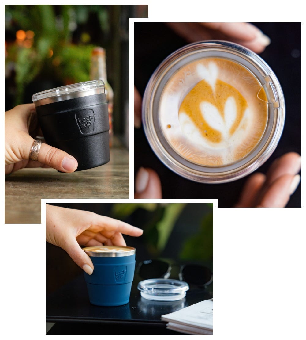 3 images showing KeepCup Thermal Quicksip in hand, Thermal Quicksip lid, and Thermal Quicksip 6oz cup with coffee