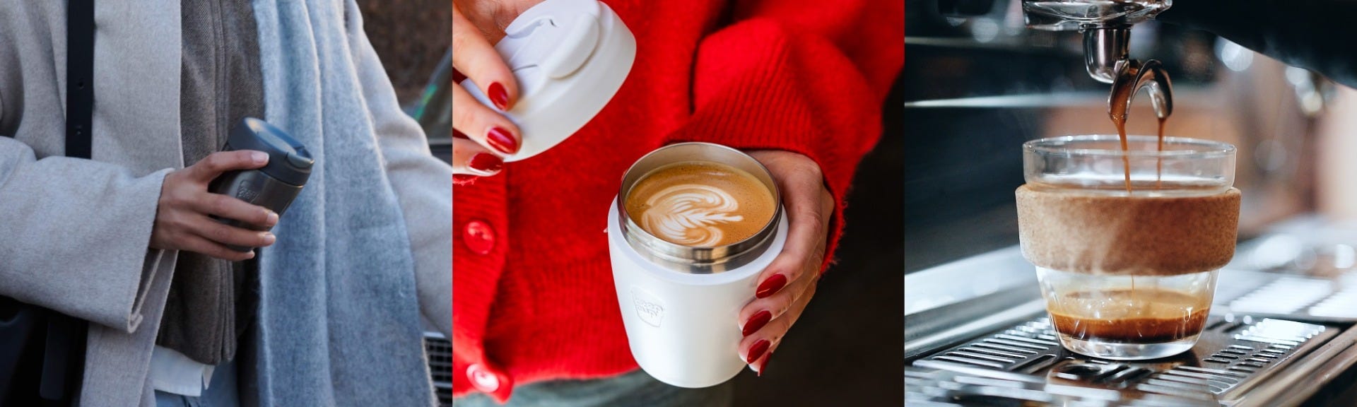 3 images showing KeepCup Traveller in hand, Commuter in hand with lid off, Brew Glass under a coffee machine grouphead
