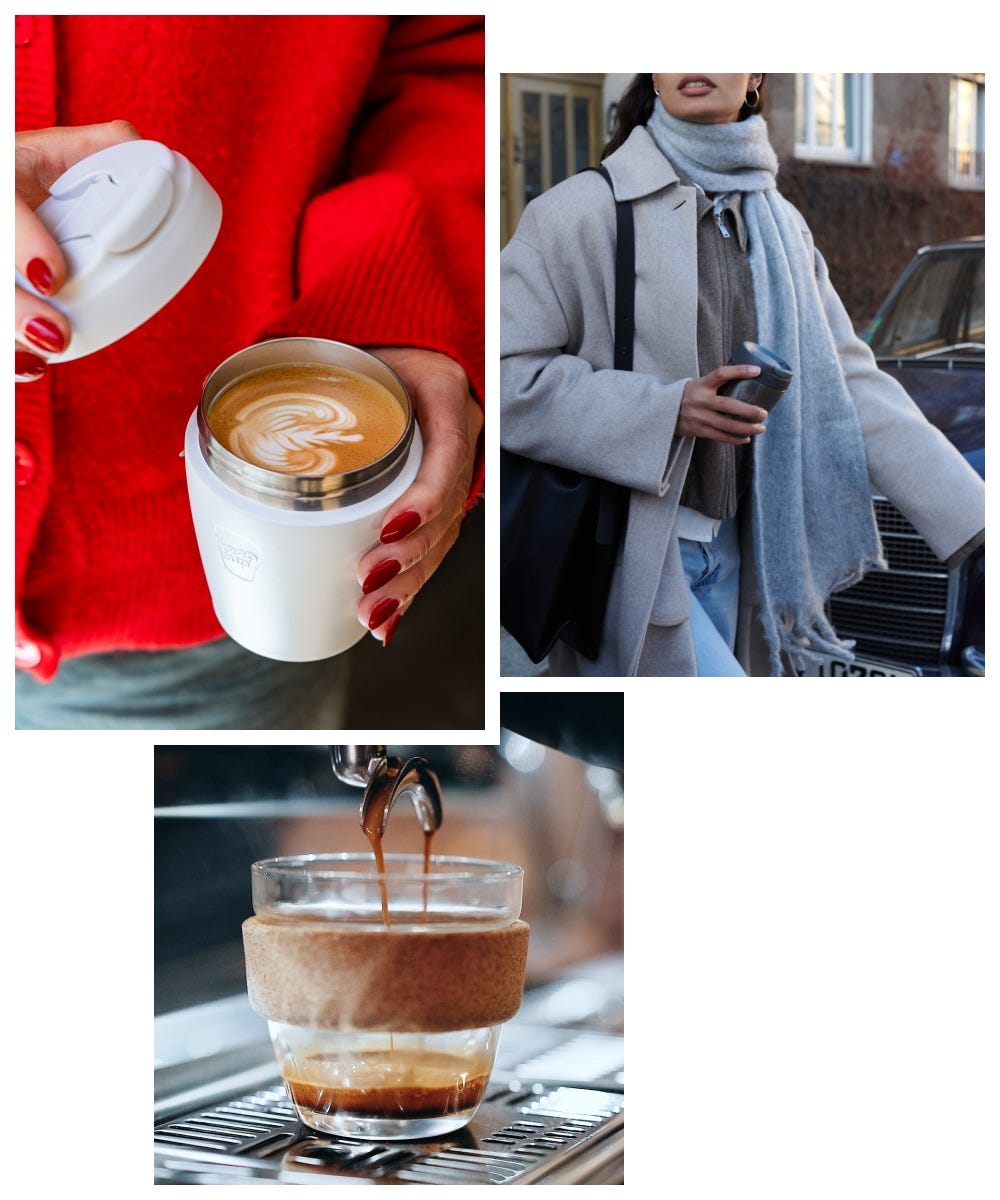 3 images showing KeepCup Traveller in hand, Commuter in hand with lid off, Brew Glass under a coffee machine grouphead